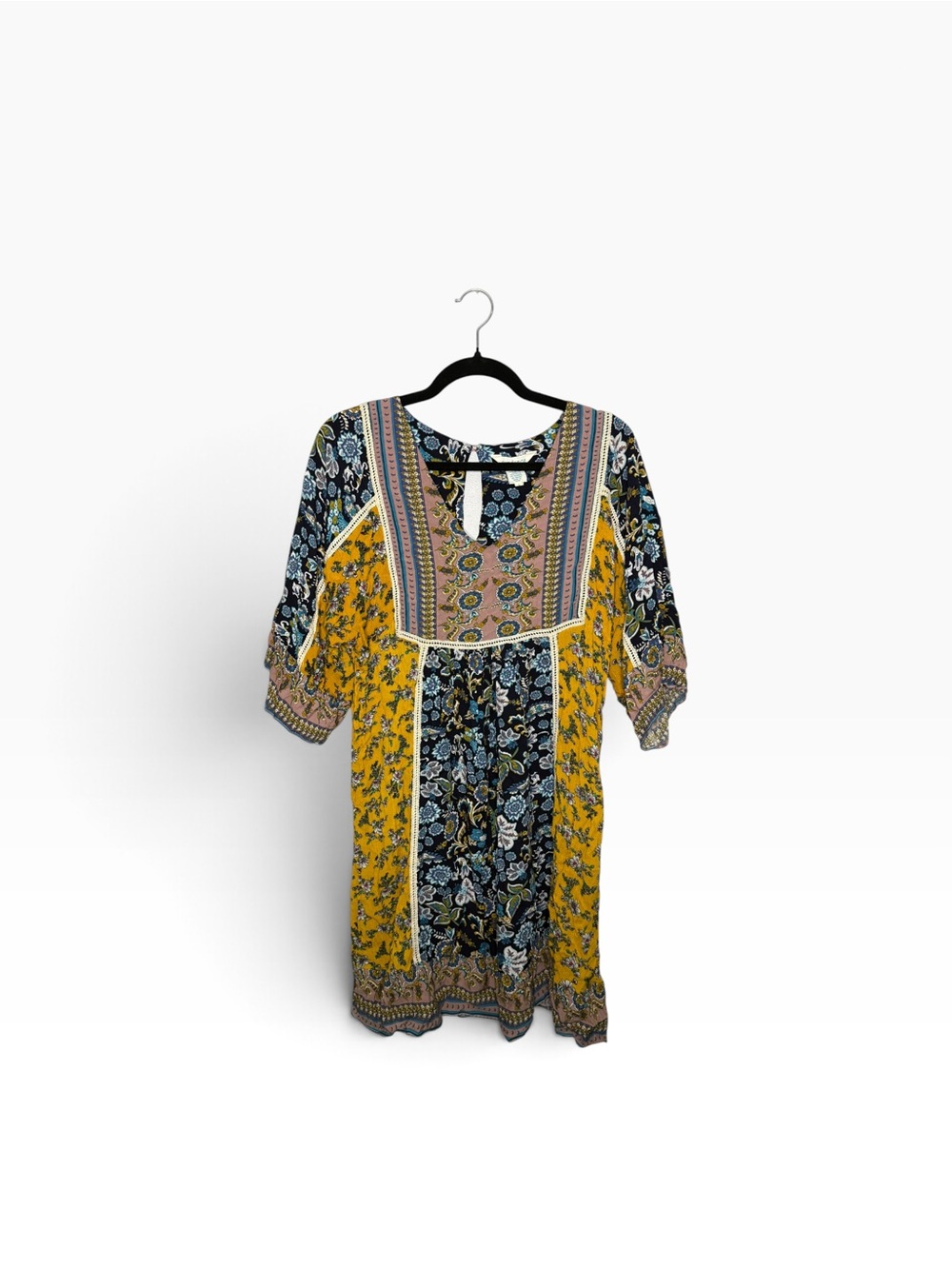 Sundance Boho Patchwork Floral Dress in Blue/Yellow L